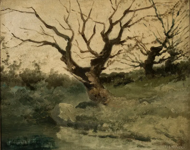 Autumn landscape by Jozef Chelmonski, realism, depicting fallen leaves and a sunset.