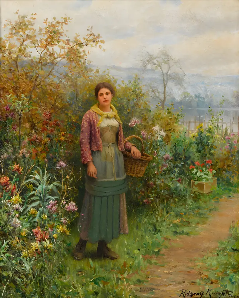 A moment’s pause by Daniel Ridgway Knight captures a serene moment in a rural setting.
