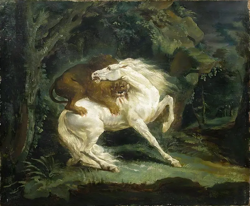A dramatic scene depicting a white horse being attacked by a lion.
