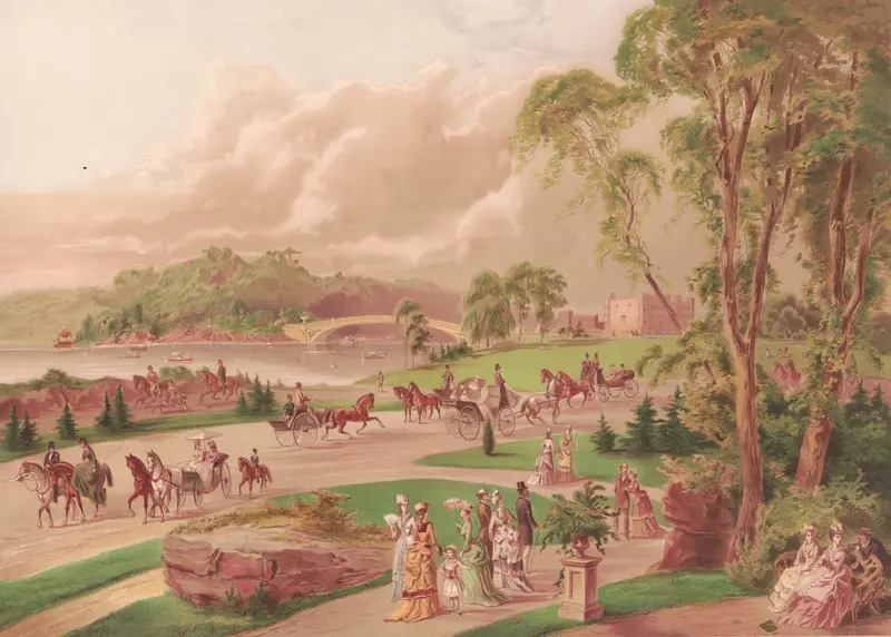 Central Park, New York by F. Gleason, oil on canvas depicting a serene park scene with trees and sunlight.