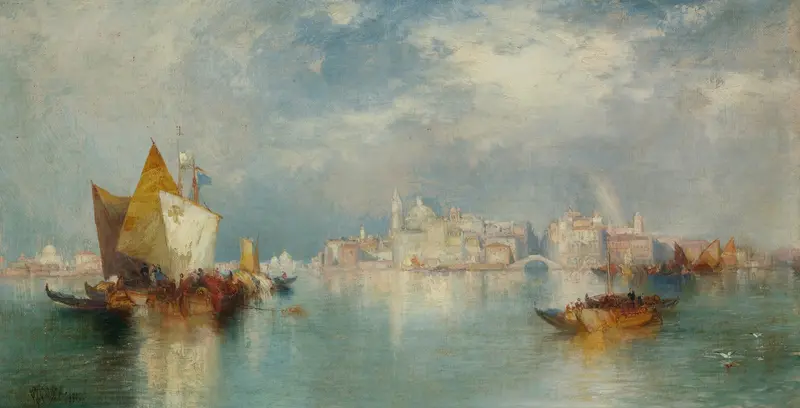 Landscape of Venice by Thomas Moran, oil painting depicting canals and architecture.