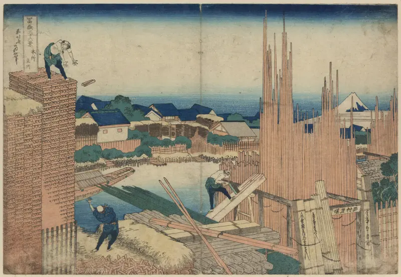 Honjo tatekawa by Katsushika Hokusai, ink on paper, featuring intricate waves and patterns