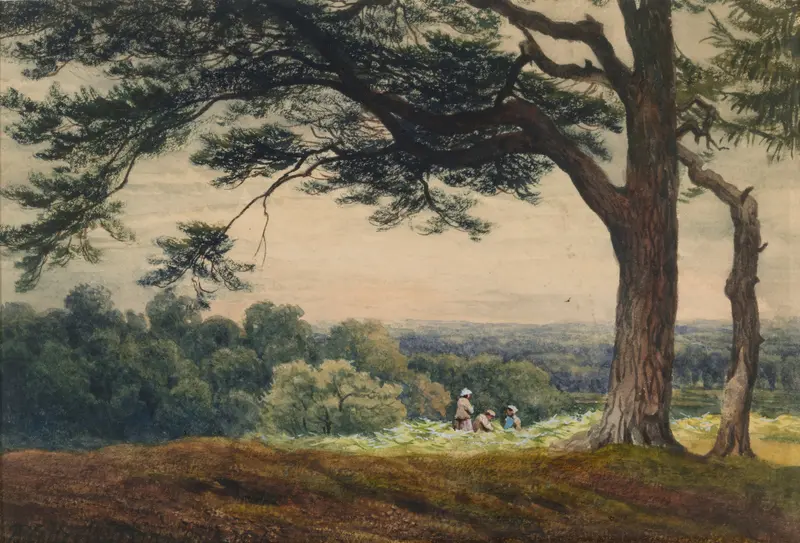 A Hill near Esher, Surrey by Bartholomew Colles Watkins, oil painting depicting rolling hills and greenery.