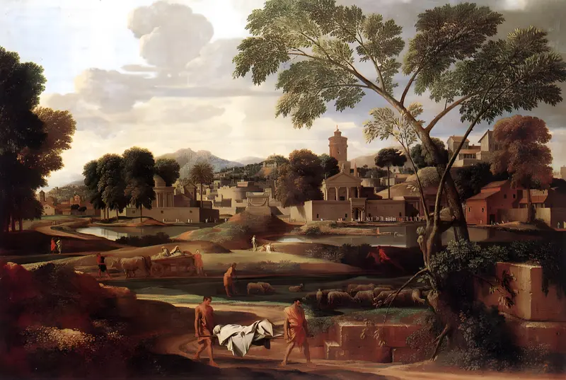 Two figures in classical dress carry a shrouded body along a winding path near a river with ancient buildings and trees in the background.