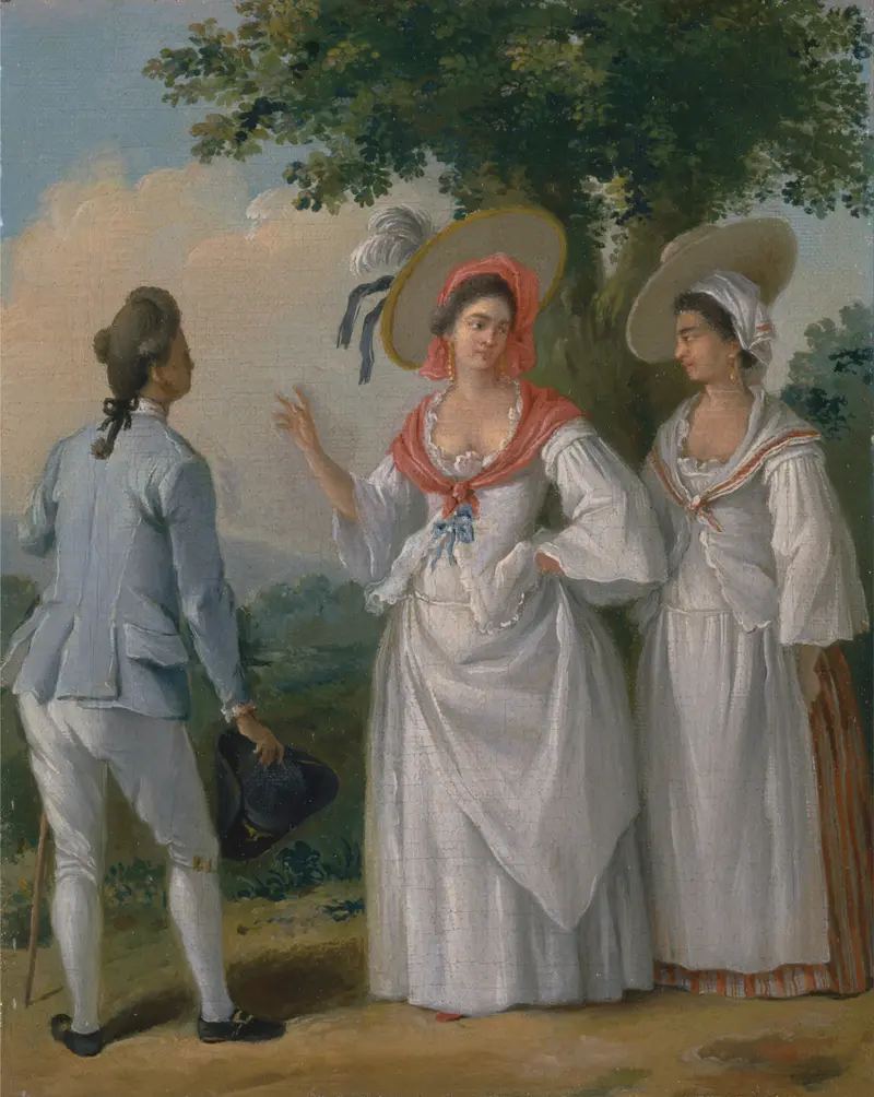 Three figures in elegant white dresses with red accents converse beneath a tree in a lush green setting.