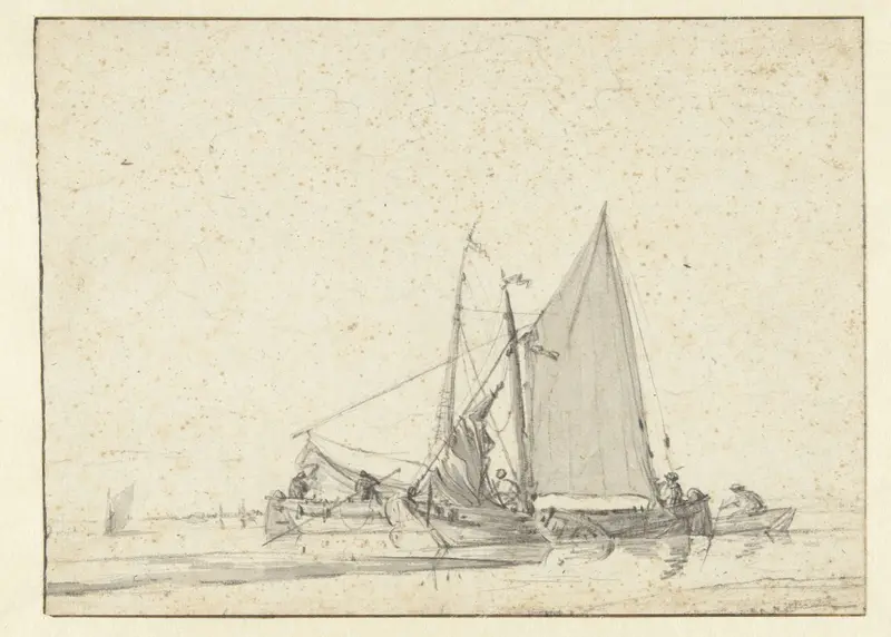 Two ships on calm water, oil on canvas by Jan van de Cappelle