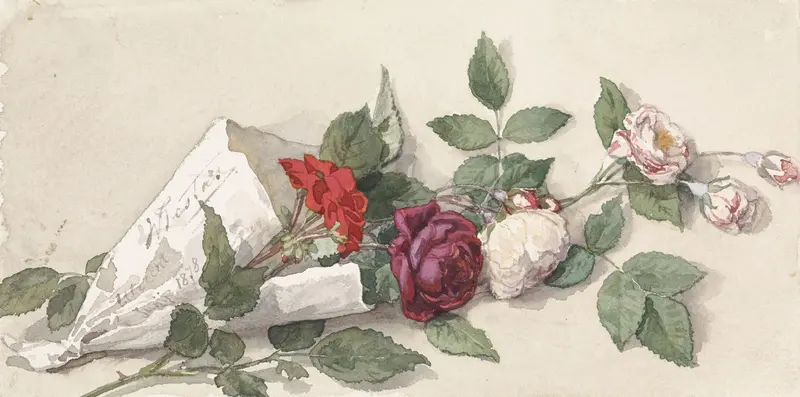 A still life painting featuring roses and pelargoniums.