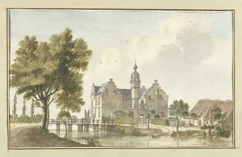 Landscape of Het Huis den Ham by Jan de Beijer, oil painting featuring a river and greenery.