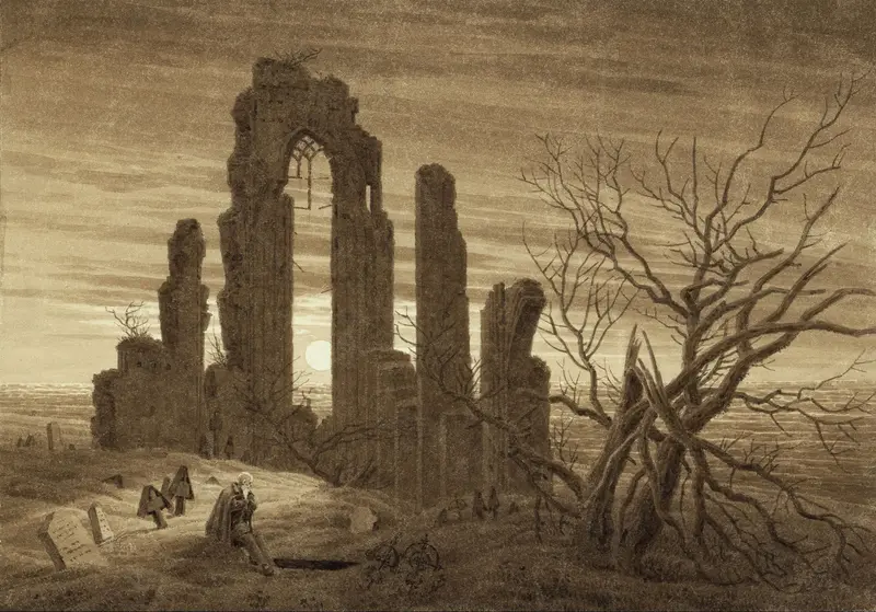 Winter landscape with skeletal trees, oil painting by Caspar David Friedrich
