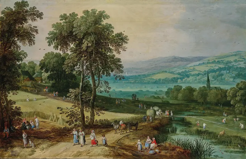 An extensive wooded landscape with travellers and corn harvest by Jan Brueghel the Elder, oil painting.