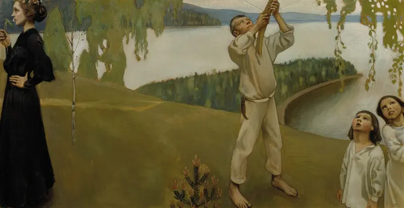 A boy ties a budding branch while two children watch in a serene spring landscape.