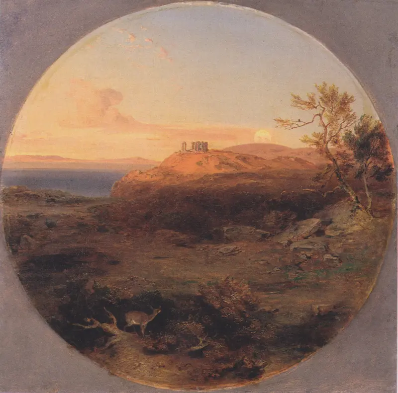 Greek landscape oil painting by Carl Rottmann featuring hills and sunset.