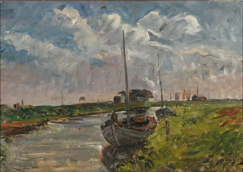 A serene canal scene with a moored boat under a dynamic sky filled with clouds.