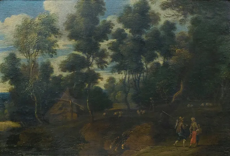 A Landscape With Shepherds On A Path by Lucas van Uden, oil painting depicting shepherds and a flock in nature.