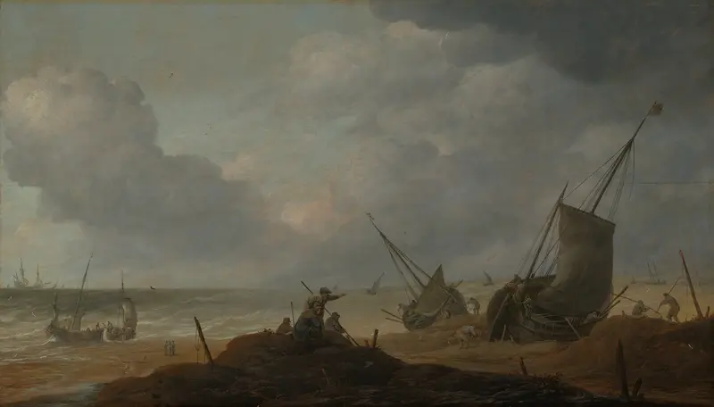 Oil on canvas by Pieter Mulier the Elder depicting a marine scene with ships and turbulent sea.