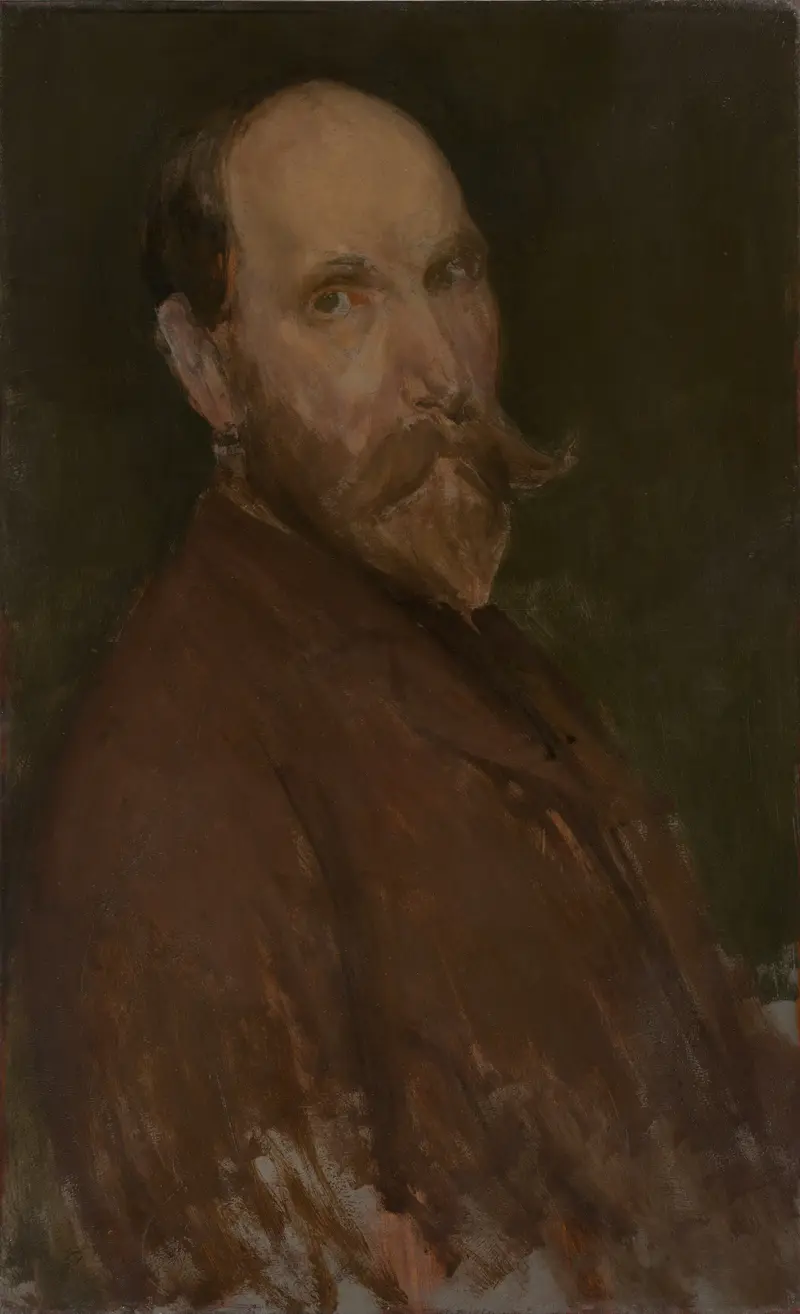 A portrait of Charles Lang Freer with a direct gaze, featuring broad strokes and a muted palette against a dark background.