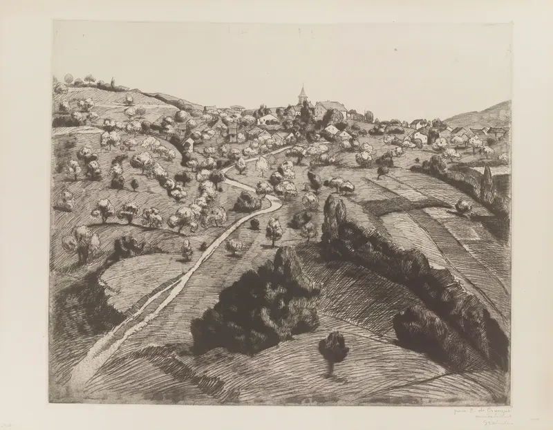 Oil painting by Théophile Alexandre Steinlen depicting hills and Lake Geneva.