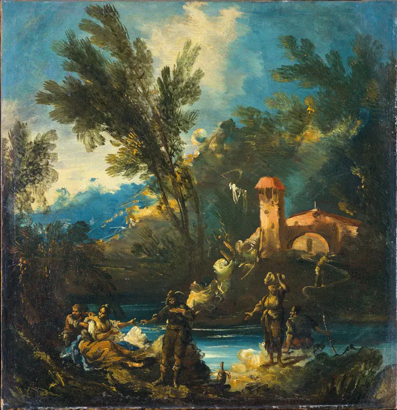 Wooded river landscape with figures, oil painting by Antonio Francesco Peruzzini