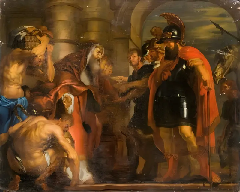 A depiction of the biblical meeting between Abraham and Melchizedek, showcasing themes of hospitality and sacrifice.