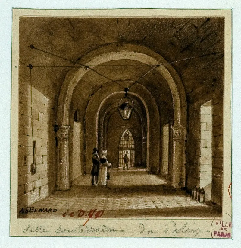 Engraving by Auguste-Sébastien Bénard depicting the interior of the Salle souterraine du Palais de Justice