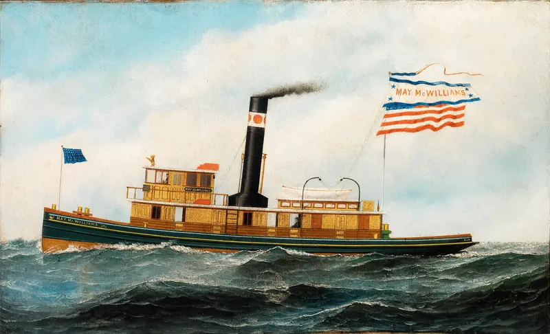 The Ocean-Going Tug ‘may Mcwilliams’ oil painting by Antonio Jacobsen, featuring a detailed tugboat.