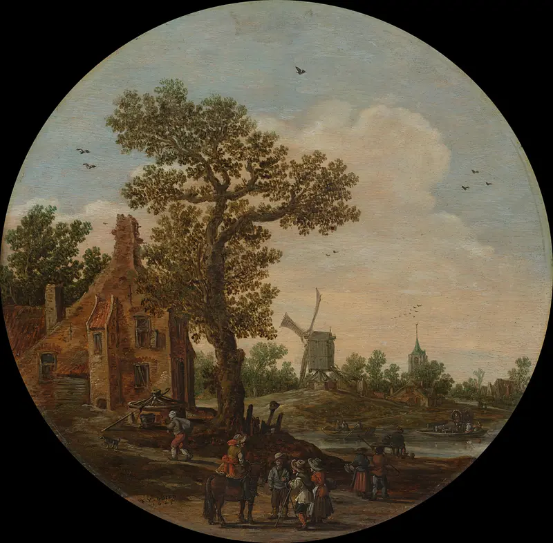 Oil painting by Jan van Goyen depicting a village landscape with a river in summer