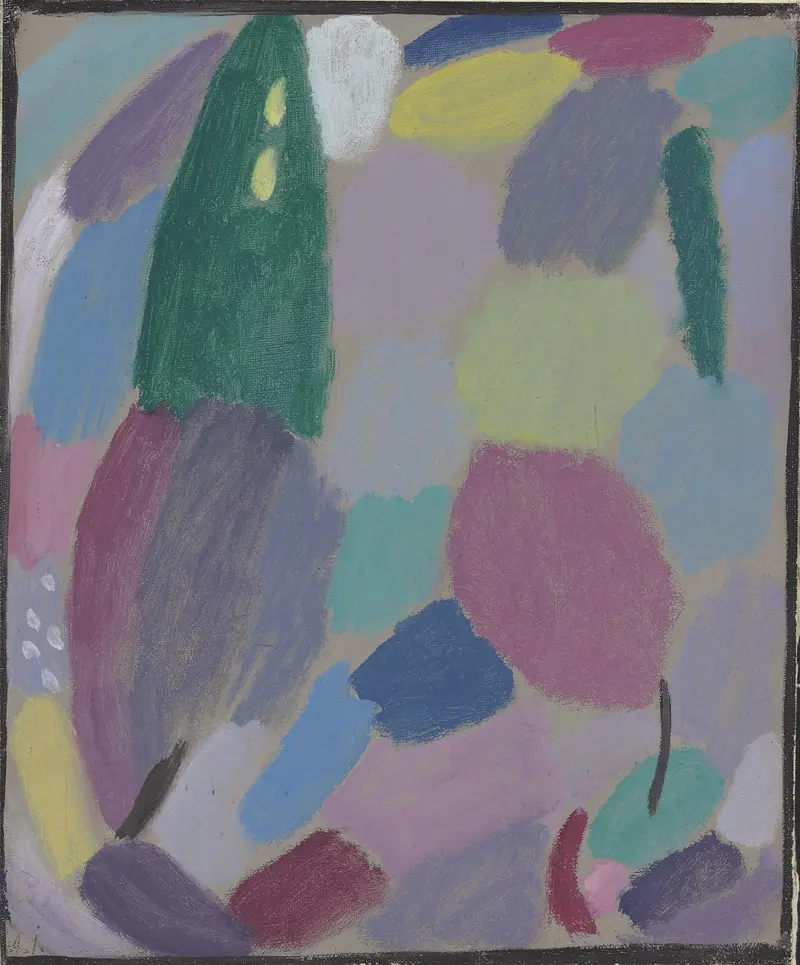 An abstract composition with floating colors in green, violet, and lemon yellow, evoking a musical quality.