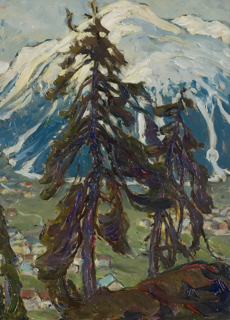 Fir trees in front of mountains, oil on canvas by Anna Boberg