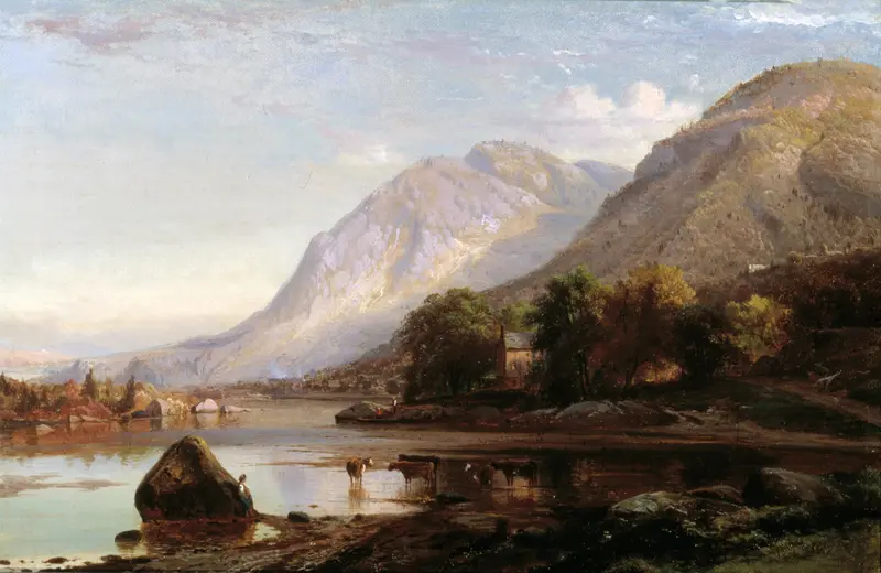 Hudson River at Cold Spring, oil painting by Johann Hermann Carmiencke, depicting a river landscape at dawn.