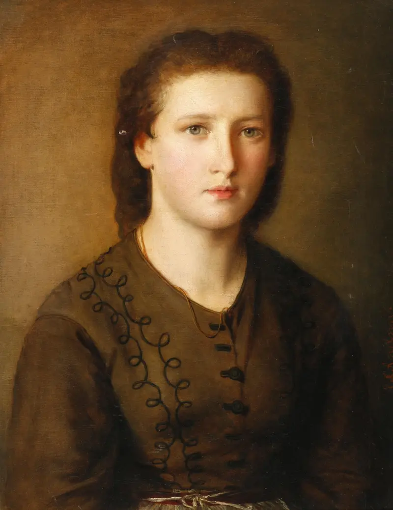 A portrait of a young girl in a traditional dress.