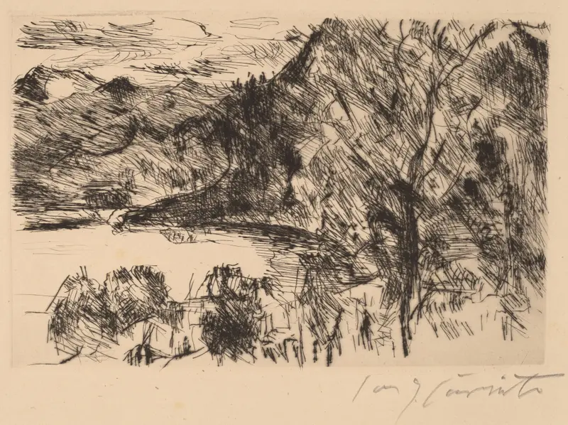 Lovis Corinth oil painting of Walchensee with Jochberg, featuring a serene lake and distant mountain.