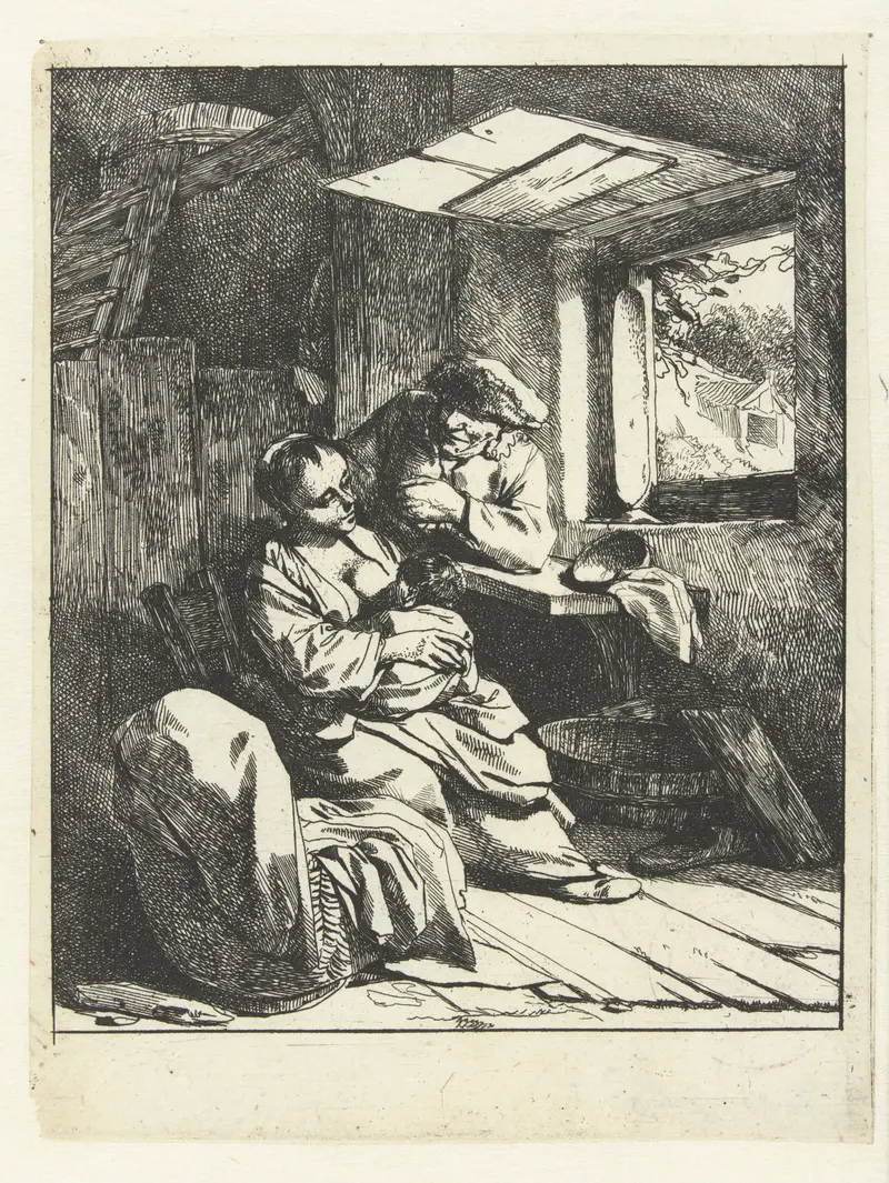 Interior scene with mother, child, and father, etching by Cornelis Pietersz. Bega