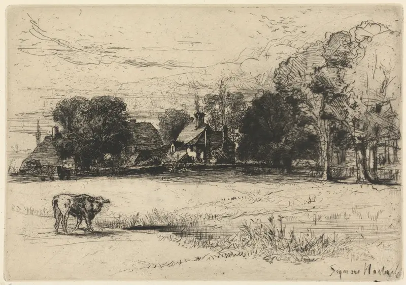 Cottages behind Horsley’s House, etching by Francis Seymour Haden, featuring cottages among trees.