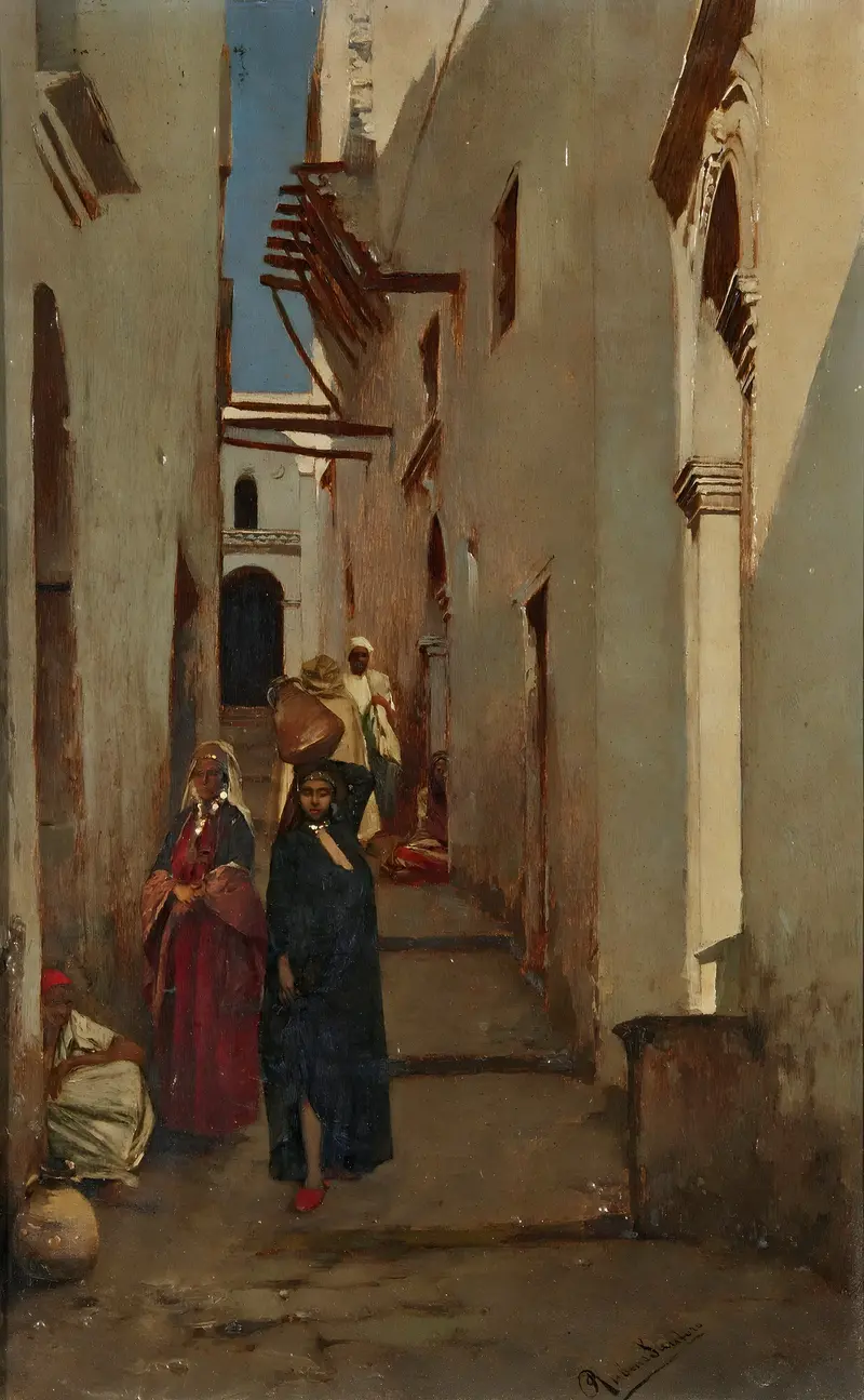 The Side Streets by Rubens Santoro, oil on canvas depicting an alleyway with sunlight and shadows.