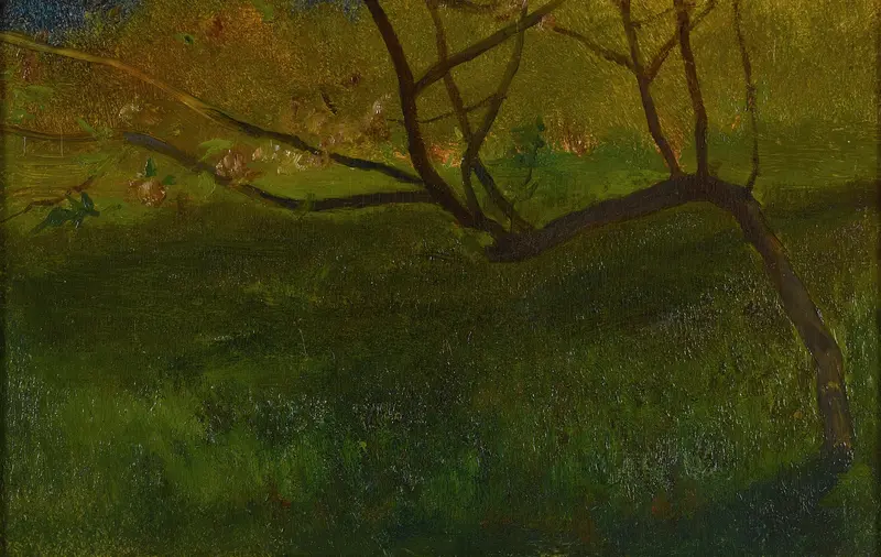 Study Of Apple Tree. Spring by John La Farge, oil painting of an apple tree with blossoms.