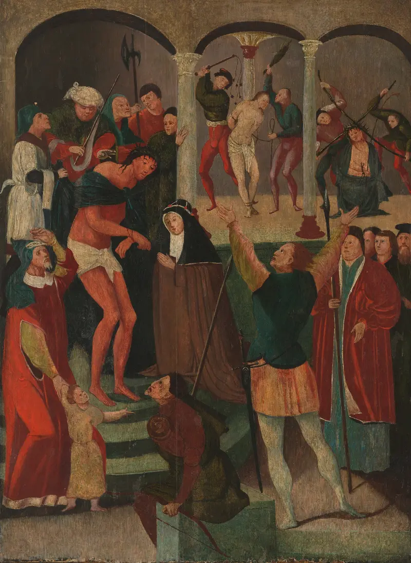 Ecce Homo, oil on panel by Unknown Artist, depicting a figure in vibrant colors against a muted background.
