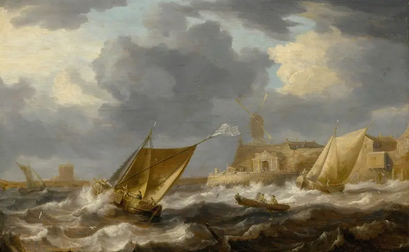 Vessels and a rowing boat on choppy waters, oil painting by Bonaventura Peeters the Elder