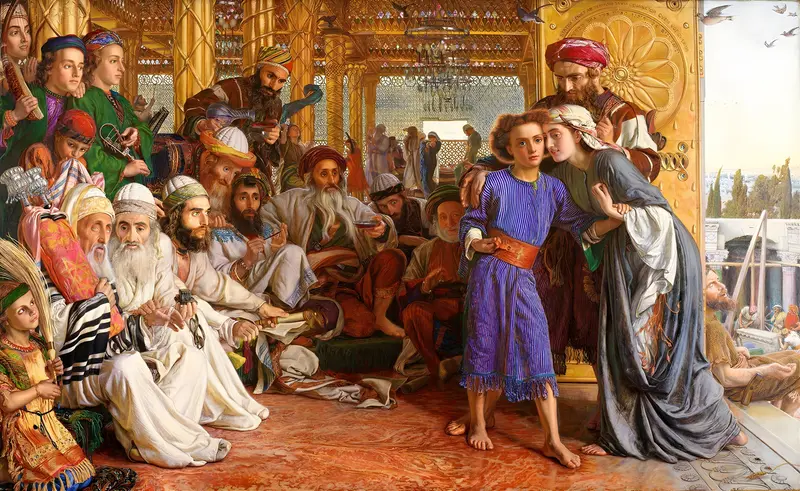 William Morris Hunt's 'The Finding of the Saviour in the Temple' depicts a biblical scene with vibrant colors.