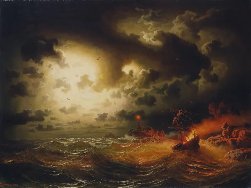 Burning Steamer by Marcus Larson, oil on canvas depicting a ship engulfed in flames on the ocean