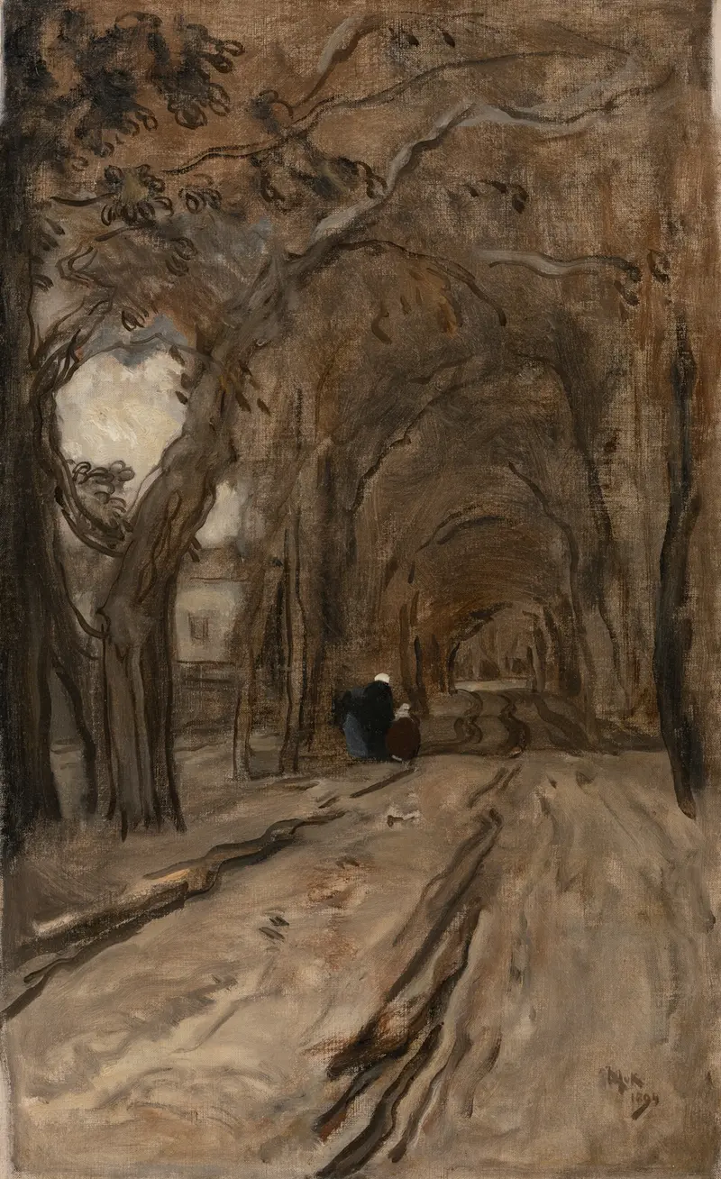 Landscape oil painting by Willem van Konijnenburg featuring a cobblestone road and earthy tones