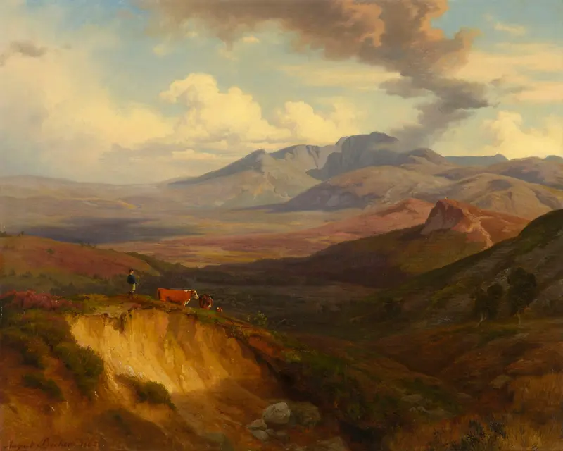 A figure and two cattle at a sunlit escarpment with Scottish highlands and Lochnagar in the distance.