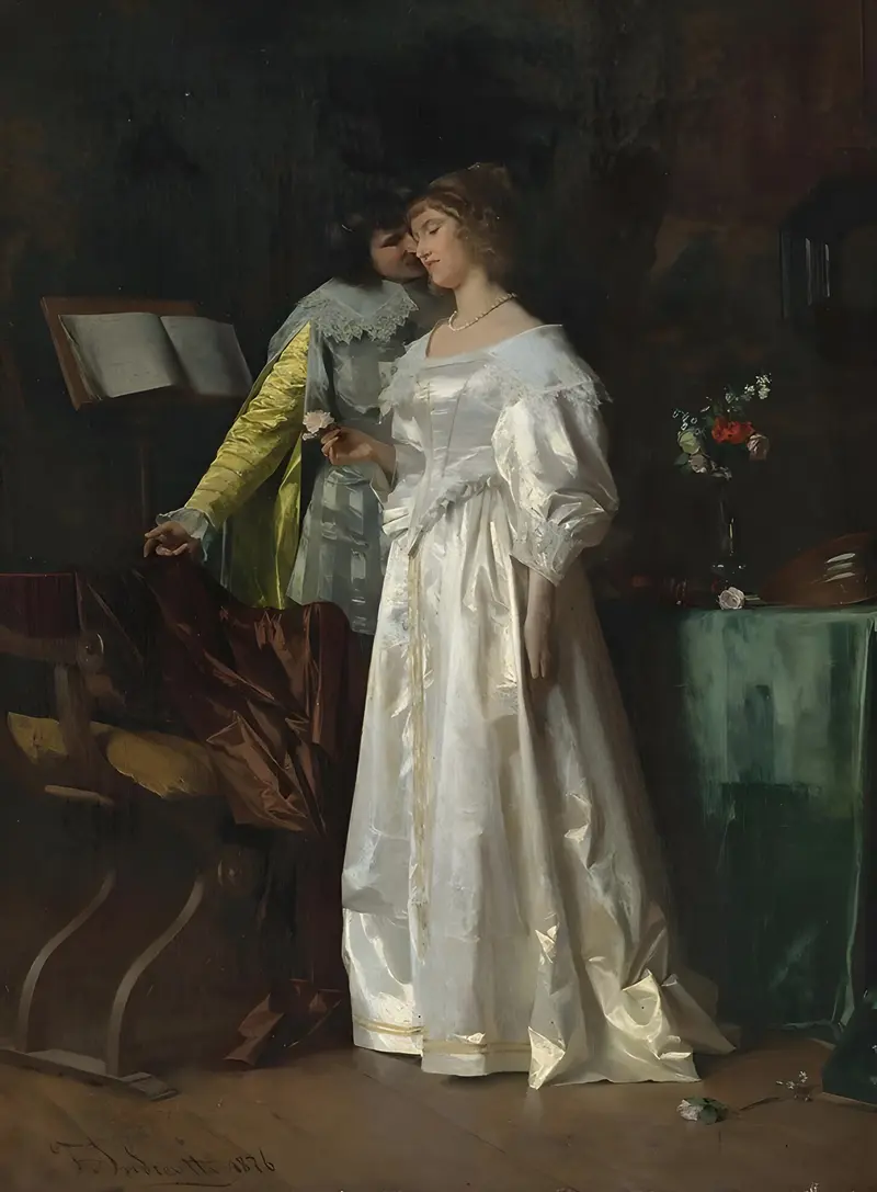 A romantic scene depicting two lovers in a serene setting.