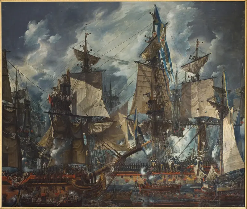 Historical scene depicting victory in a battle, oil painting by Louis Jean Desprez