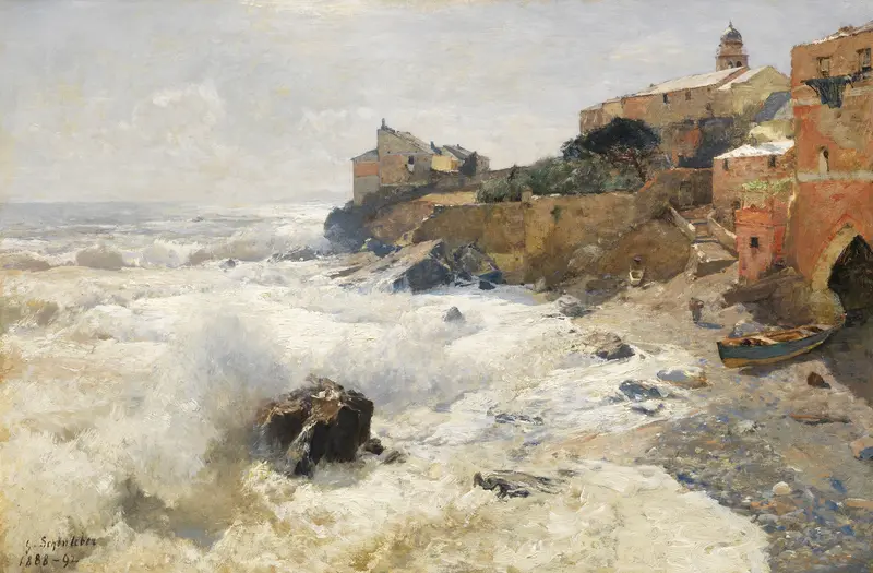 Marine scene with shore and sea, oil painting by Gustav Schönleber