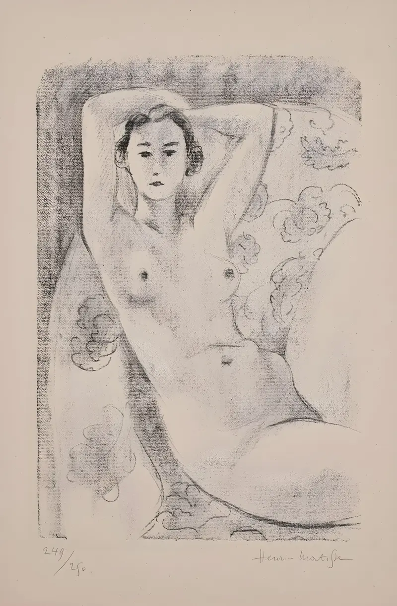 Henri Matisse's 'Nu assis dans un fauteuil au décor fleuri' features a seated nude figure against a floral background.