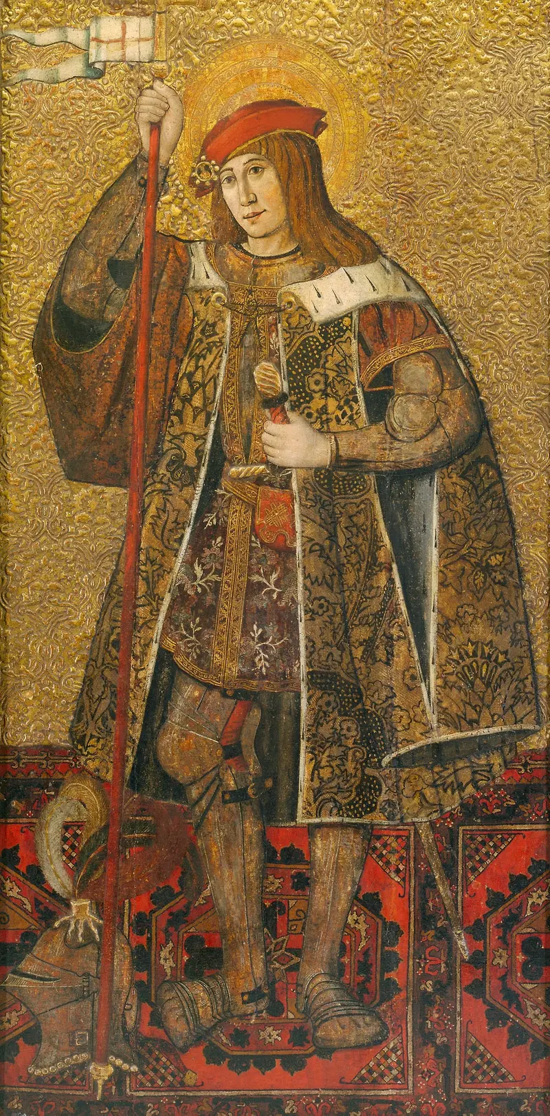 Renaissance oil on panel by Spanish depicting a saint in armor illuminated by light and shadow.