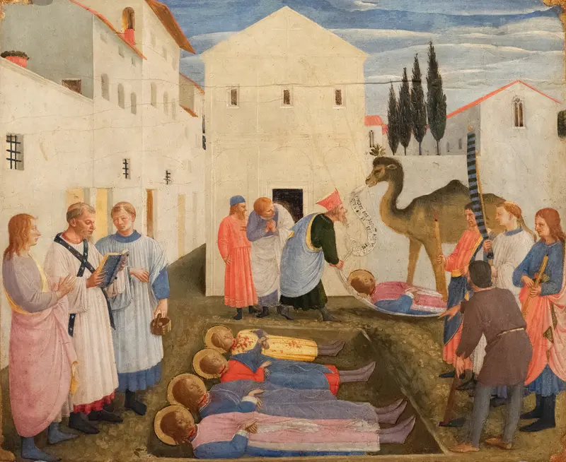 The burial scene of Saint Cosmas and Saint Damian by Fra Angelico.