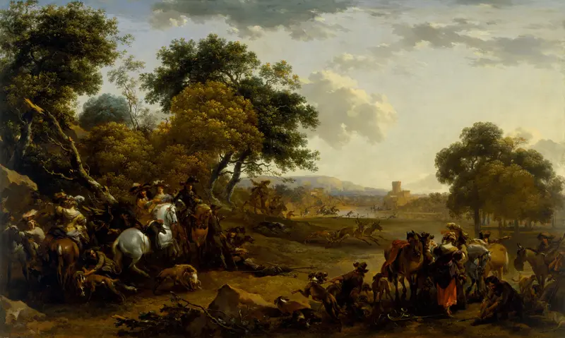 Landscape with a Hunting Party by Nicolaes Pietersz Berchem, oil painting depicting a hunting scene.