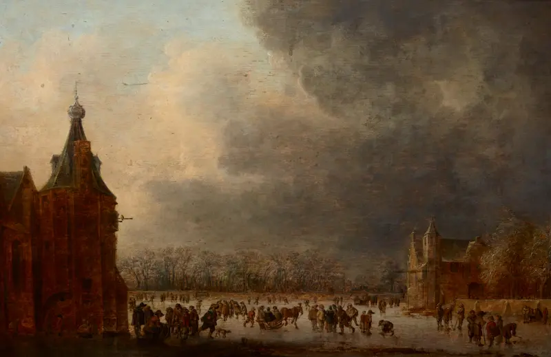 At the Rink by Jan van Goyen, oil painting depicting skaters on ice in a winter landscape
