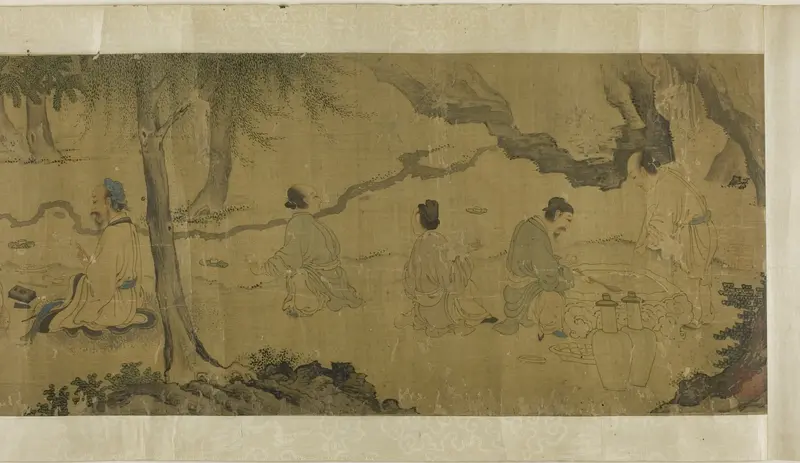 The Orchid Pavilion Gathering, silk, unknown artist, figures conversing in a serene landscape.